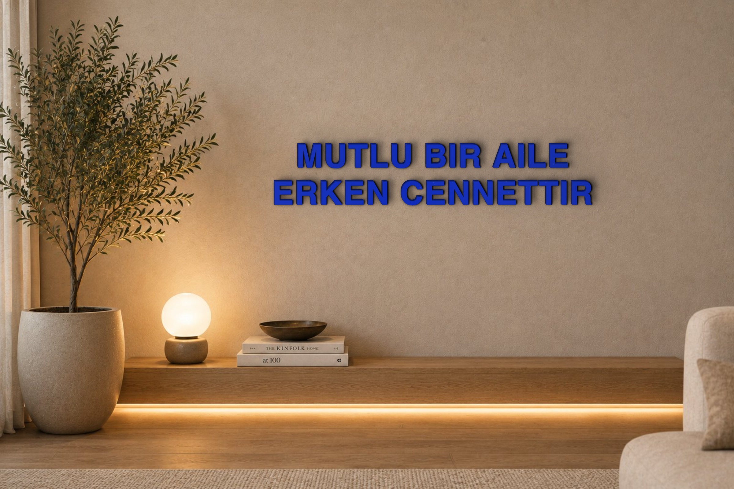 MUTLU BIR AILE ERKEN CENNETTIR Özel 3D Tasarım Duvar Yazısı (navy blue) - 5 cm Yükseklik