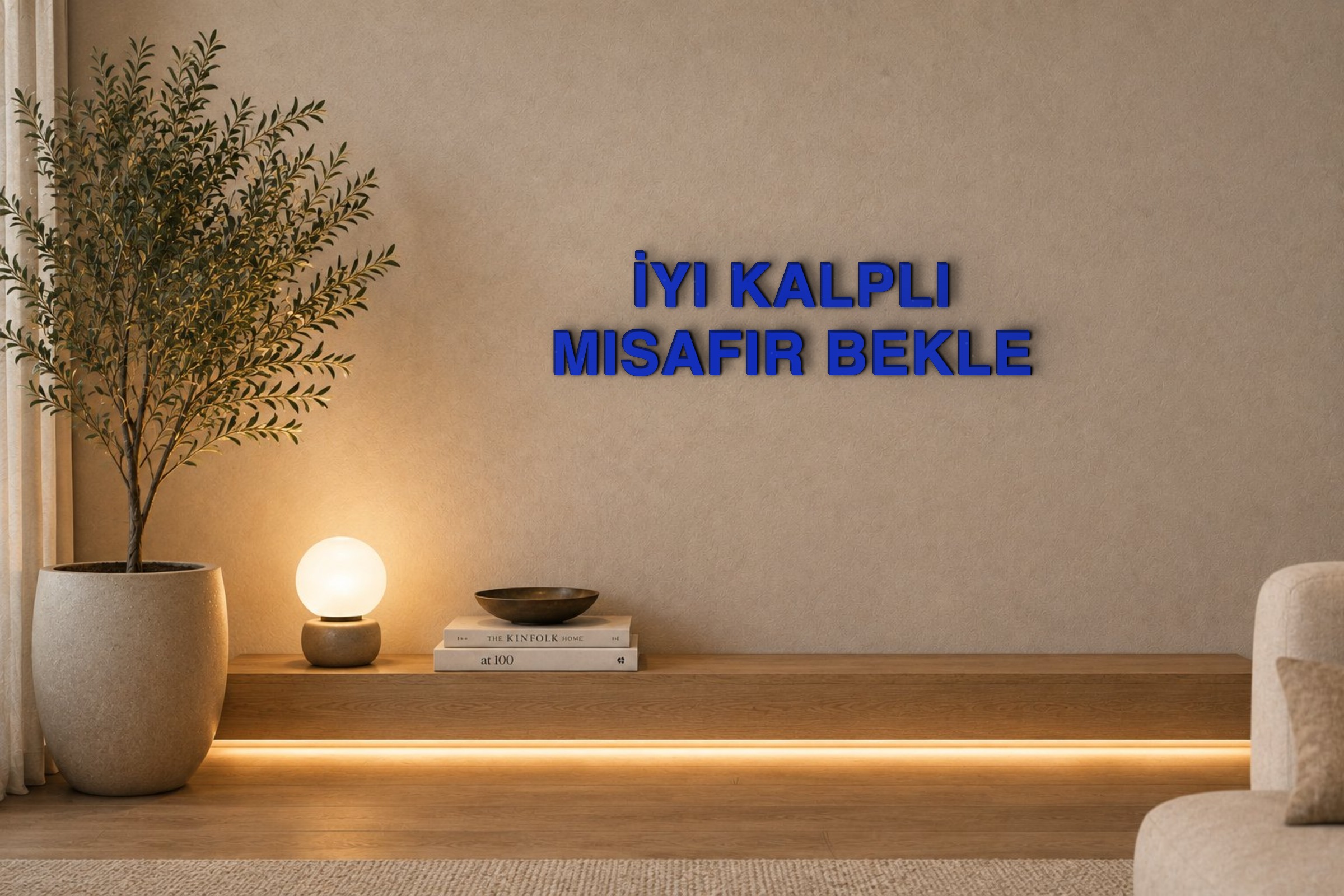 İYI KALPLI MISAFIR BEKLE Özel 3D Tasarım Duvar Yazısı (navy blue) - 5 cm Yükseklik