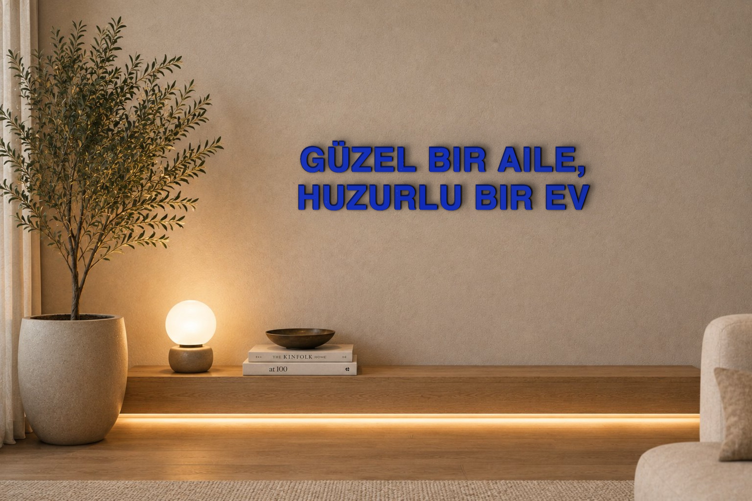GÜZEL BIR AILE, HUZURLU BIR EV Özel 3D Tasarım Duvar Yazısı (navy blue) - 5 cm Yükseklik
