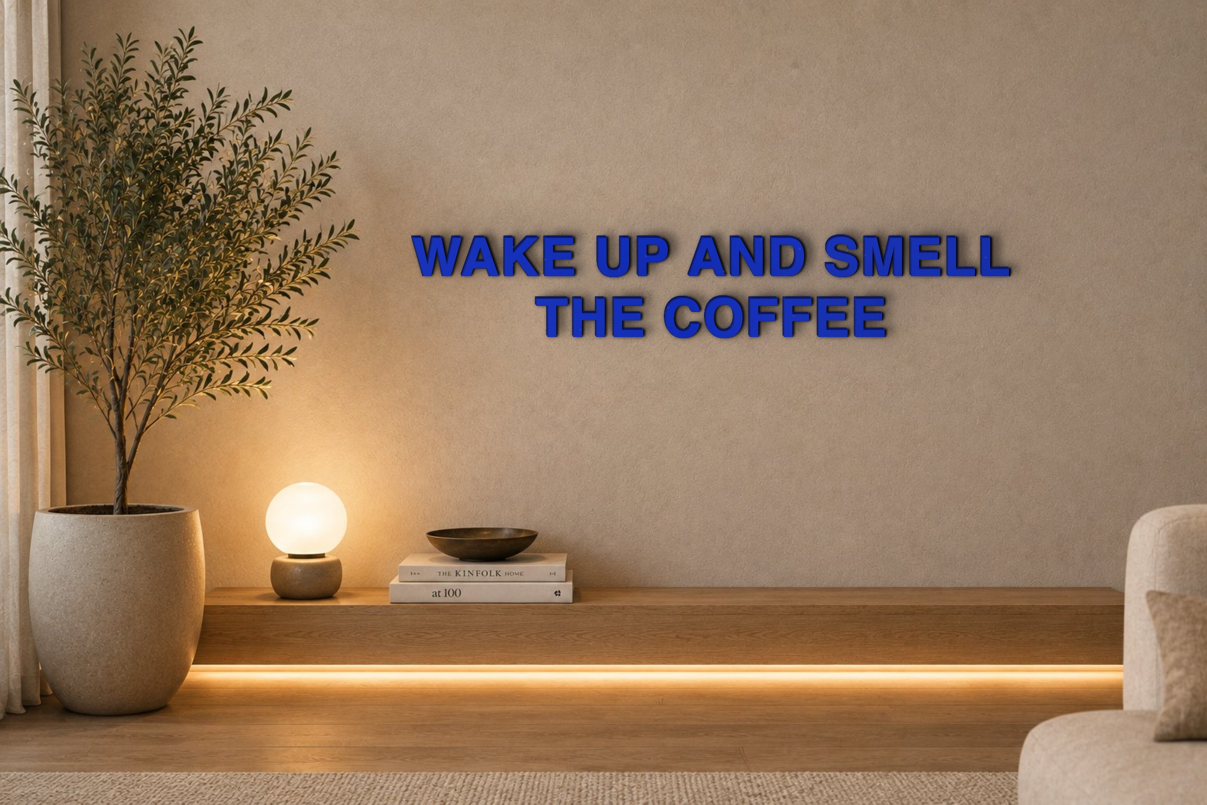WAKE UP AND SMELL THE COFFEE Özel 3D Tasarım Duvar Yazısı (navy blue) - 5 cm Yükseklik