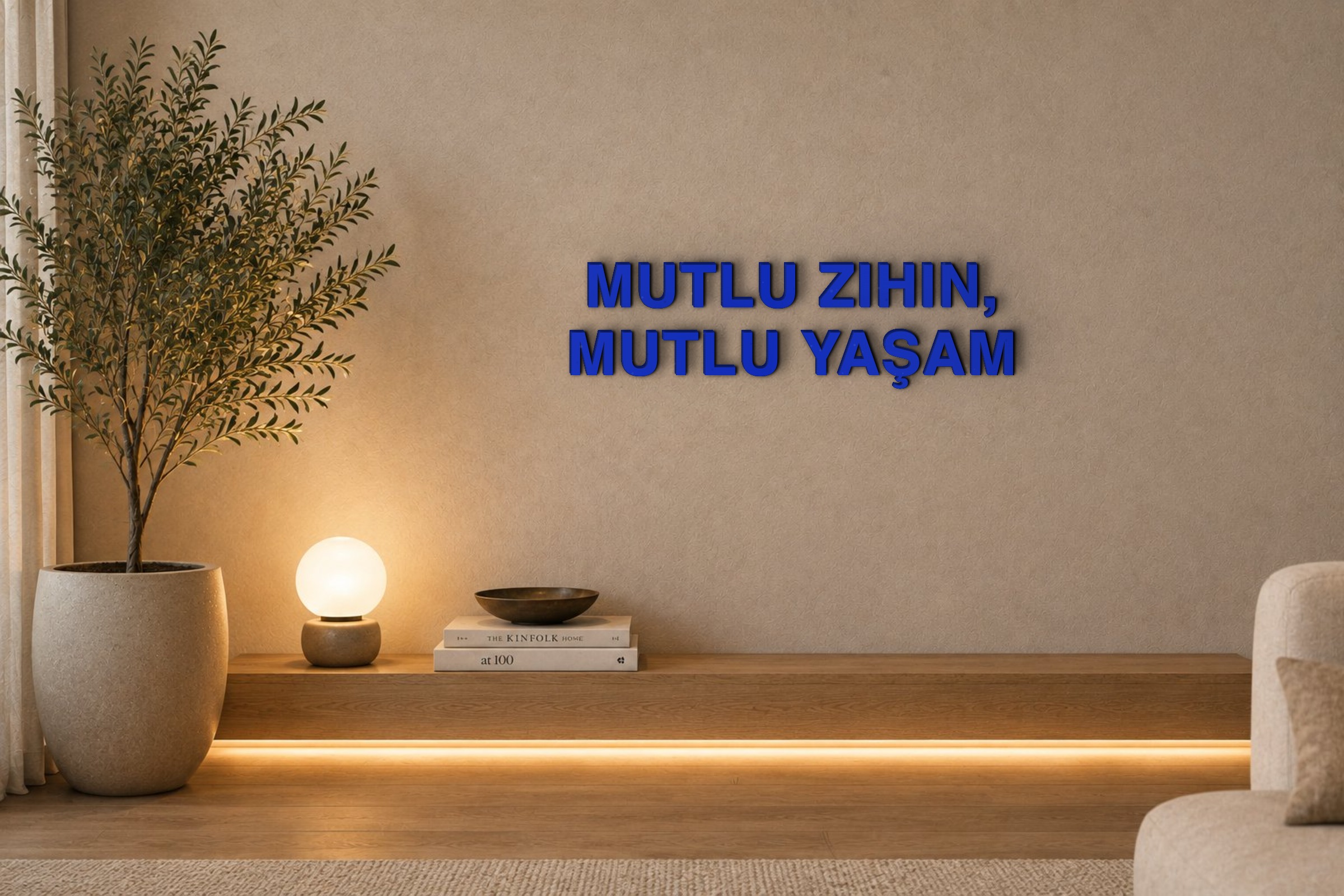 MUTLU ZIHIN, MUTLU YAŞAM Özel 3D Tasarım Duvar Yazısı (navy blue) - 5 cm Yükseklik