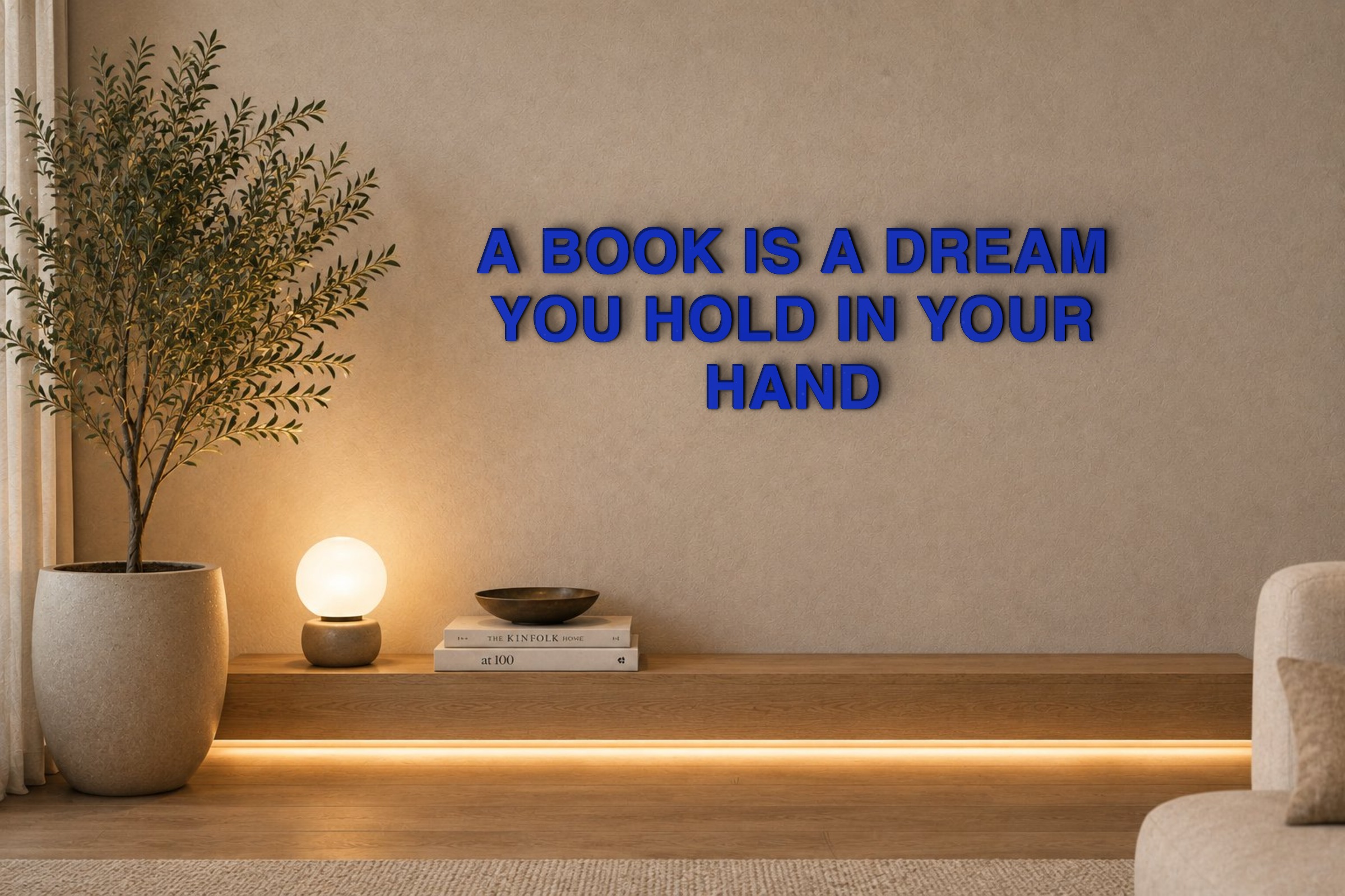 A BOOK IS A DREAM YOU HOLD IN YOUR HAND Özel 3D Tasarım Duvar Yazısı (navy blue) - 5 cm Yükseklik
