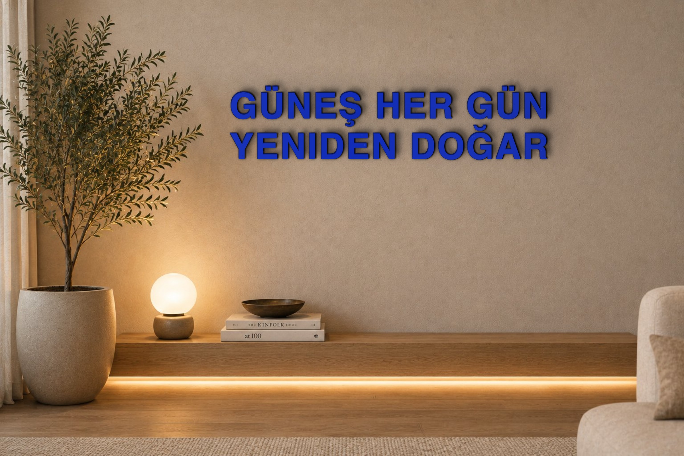 GÜNEŞ HER GÜN YENIDEN DOĞAR Özel 3D Tasarım Duvar Yazısı (navy blue) - 5 cm Yükseklik