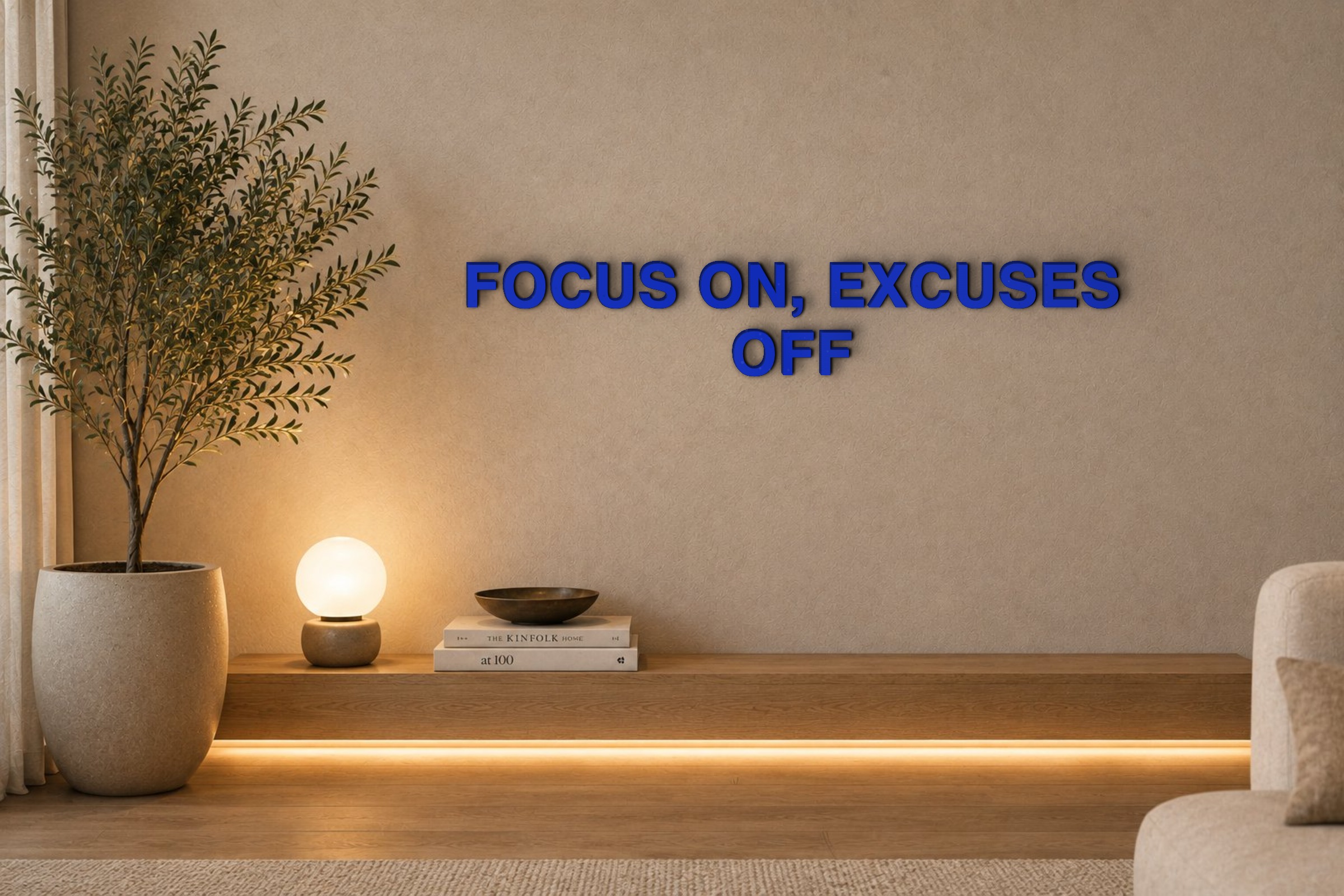 FOCUS ON, EXCUSES OFF Özel 3D Tasarım Duvar Yazısı (navy blue) - 5 cm Yükseklik