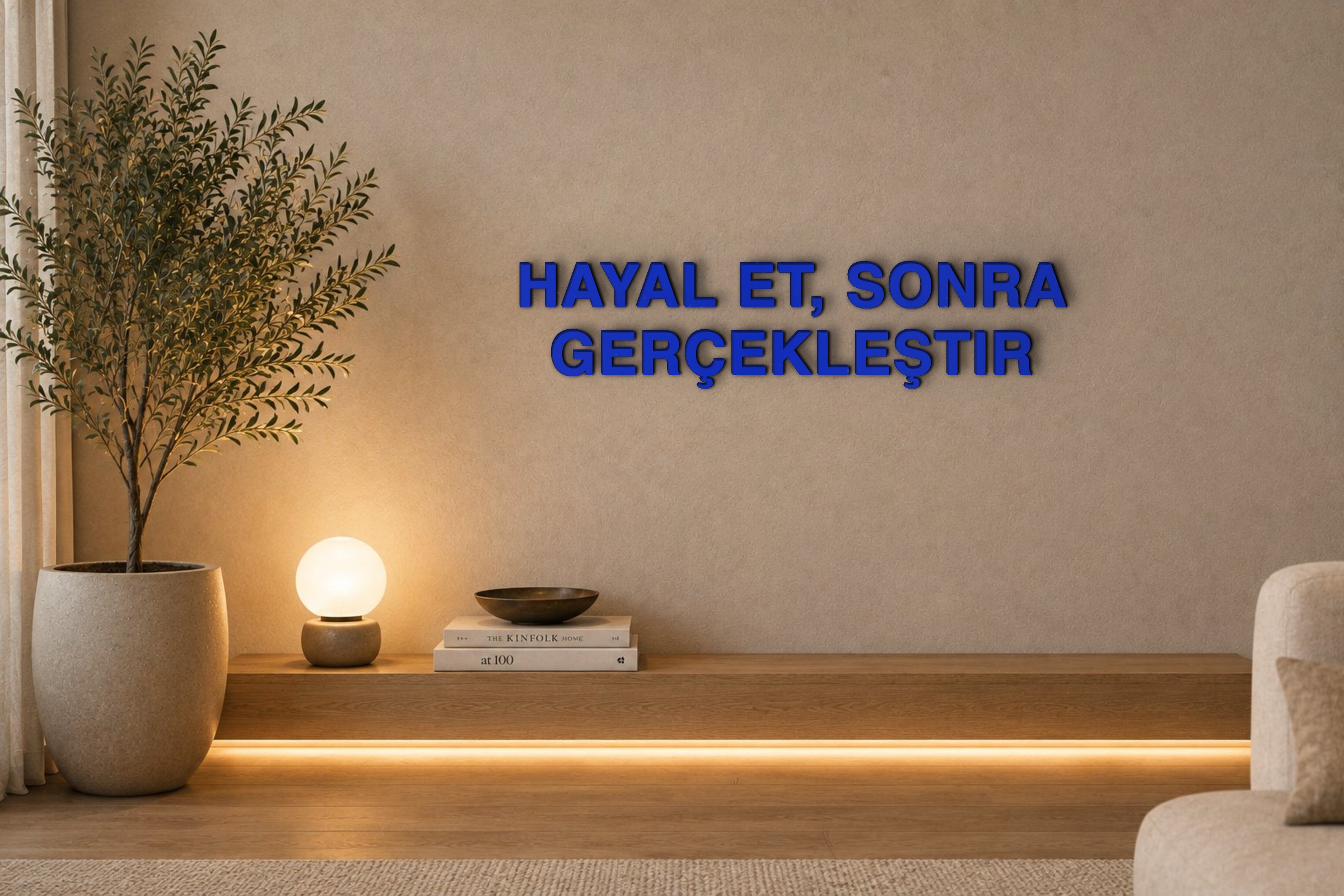 HAYAL ET, SONRA GERÇEKLEŞTIR Özel 3D Tasarım Duvar Yazısı (navy blue) - 5 cm Yükseklik