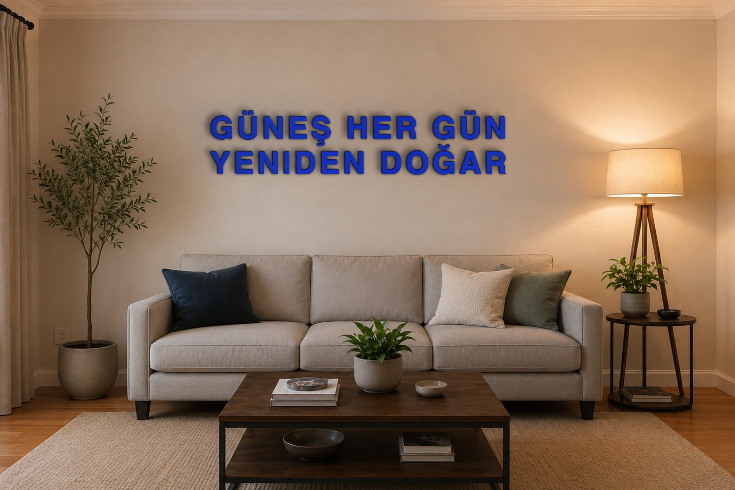 GÜNEŞ HER GÜN YENIDEN DOĞAR Özel 3D Tasarım Duvar Yazısı (navy blue) - 10 cm Yükseklik