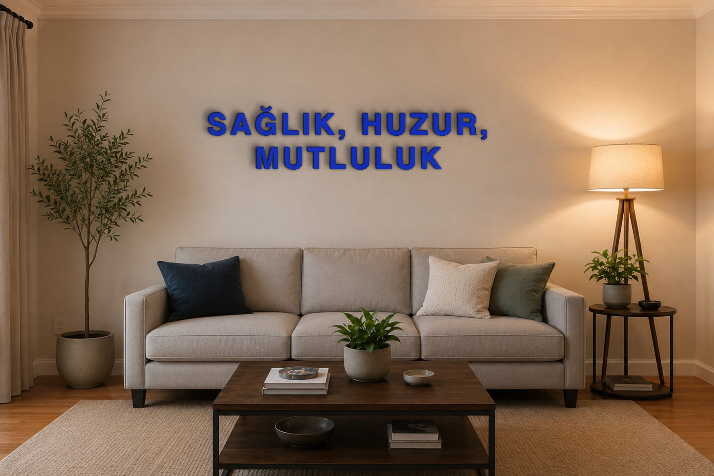 SAĞLIK, HUZUR, MUTLULUK Özel 3D Tasarım Duvar Yazısı (navy blue) - 10 cm Yükseklik