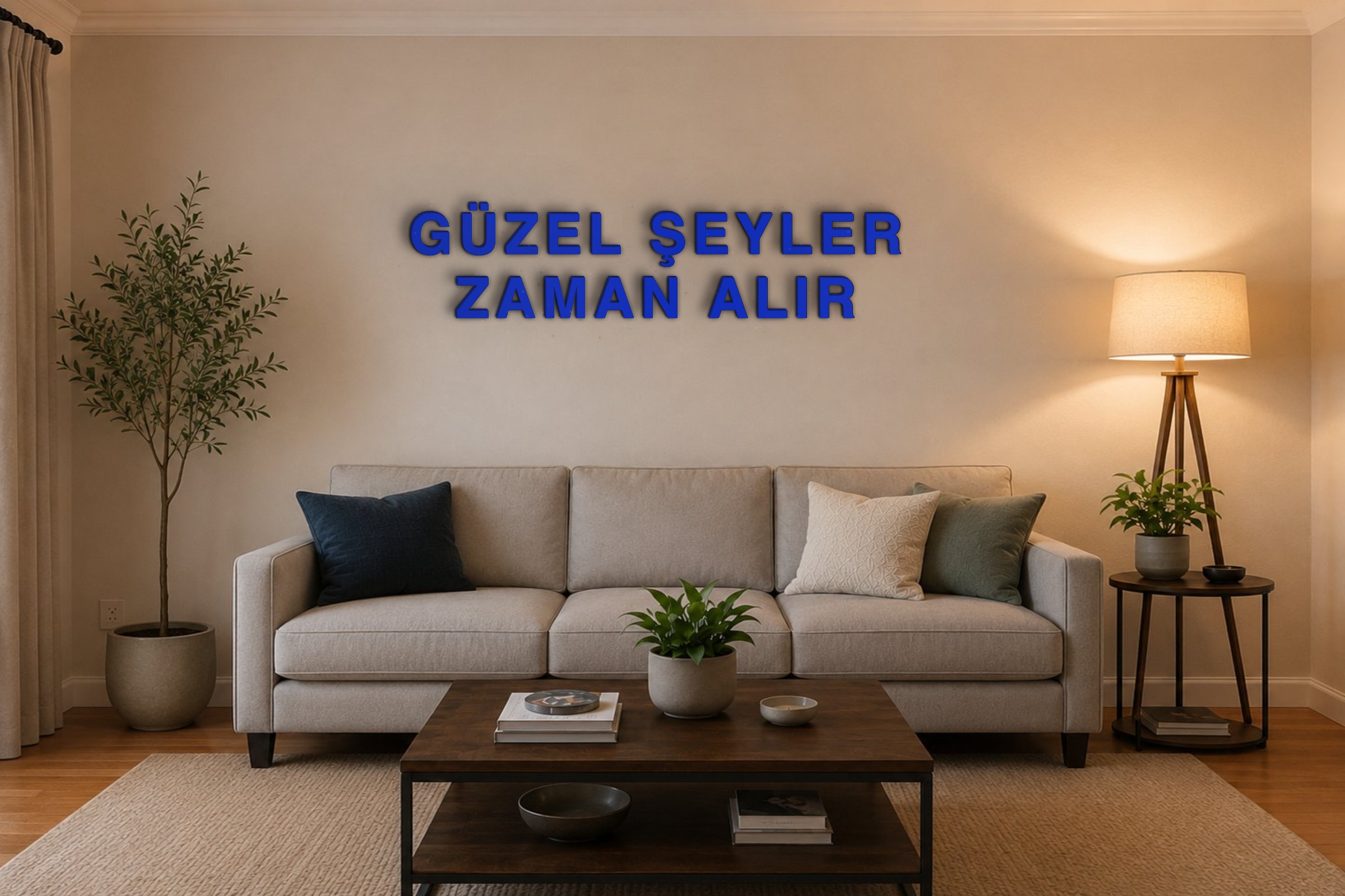 GÜZEL ŞEYLER ZAMAN ALIR Özel 3D Tasarım Duvar Yazısı (navy blue) - 10 cm Yükseklik