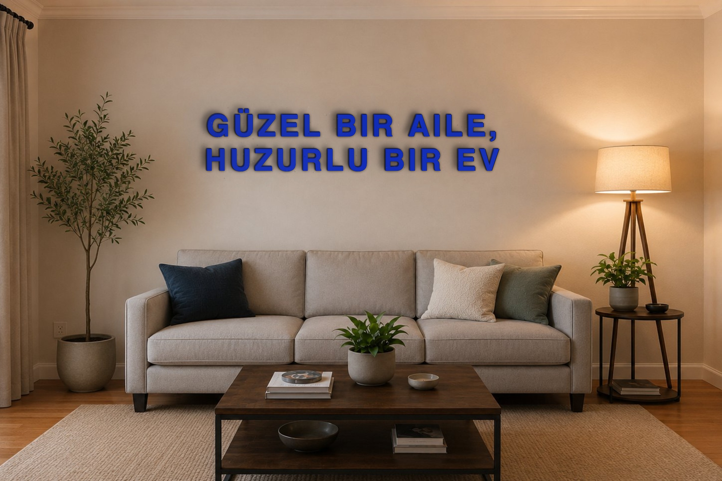 GÜZEL BIR AILE, HUZURLU BIR EV Özel 3D Tasarım Duvar Yazısı (navy blue) - 10 cm Yükseklik