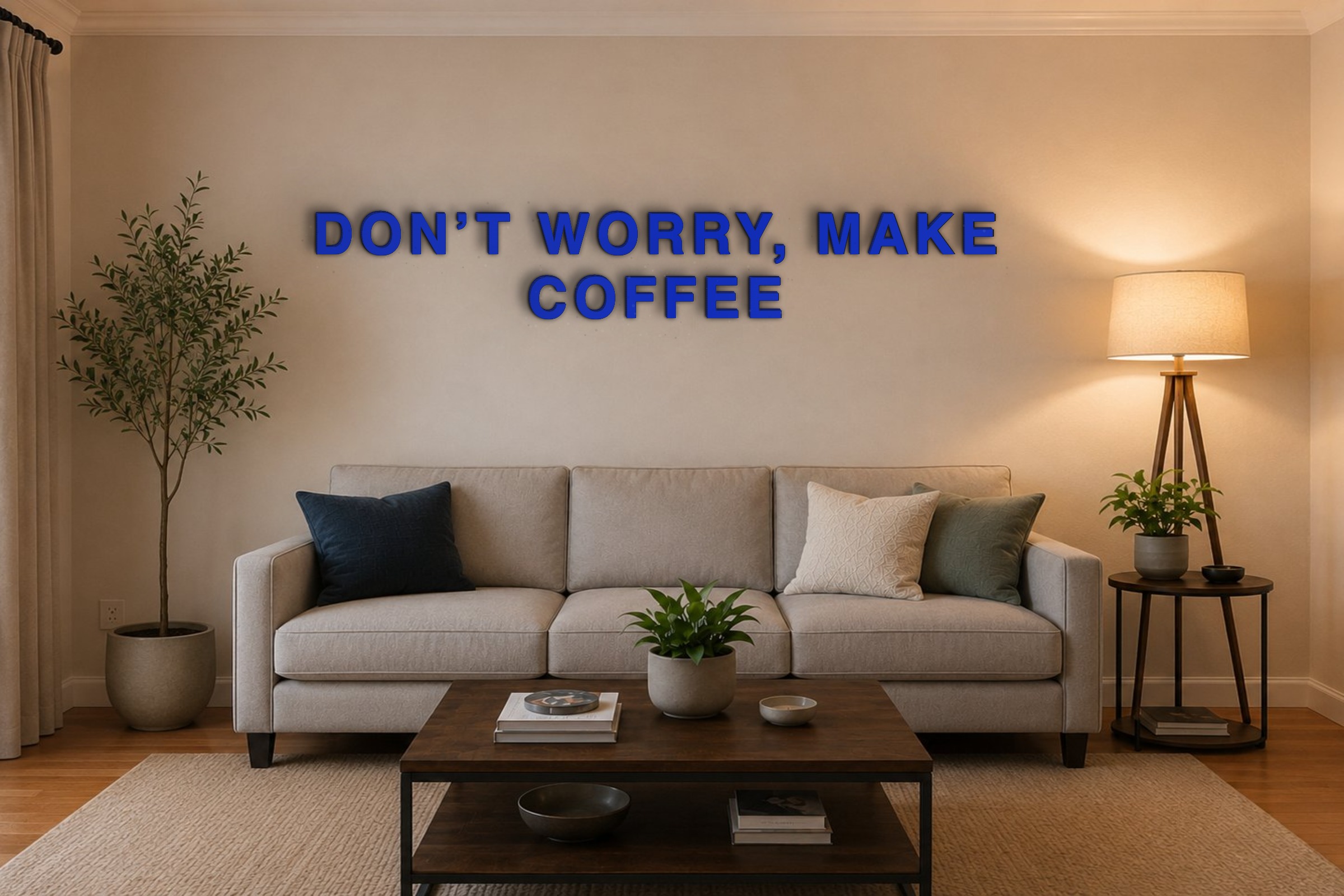 DON’T WORRY, MAKE COFFEE Özel 3D Tasarım Duvar Yazısı (navy blue) - 10 cm Yükseklik