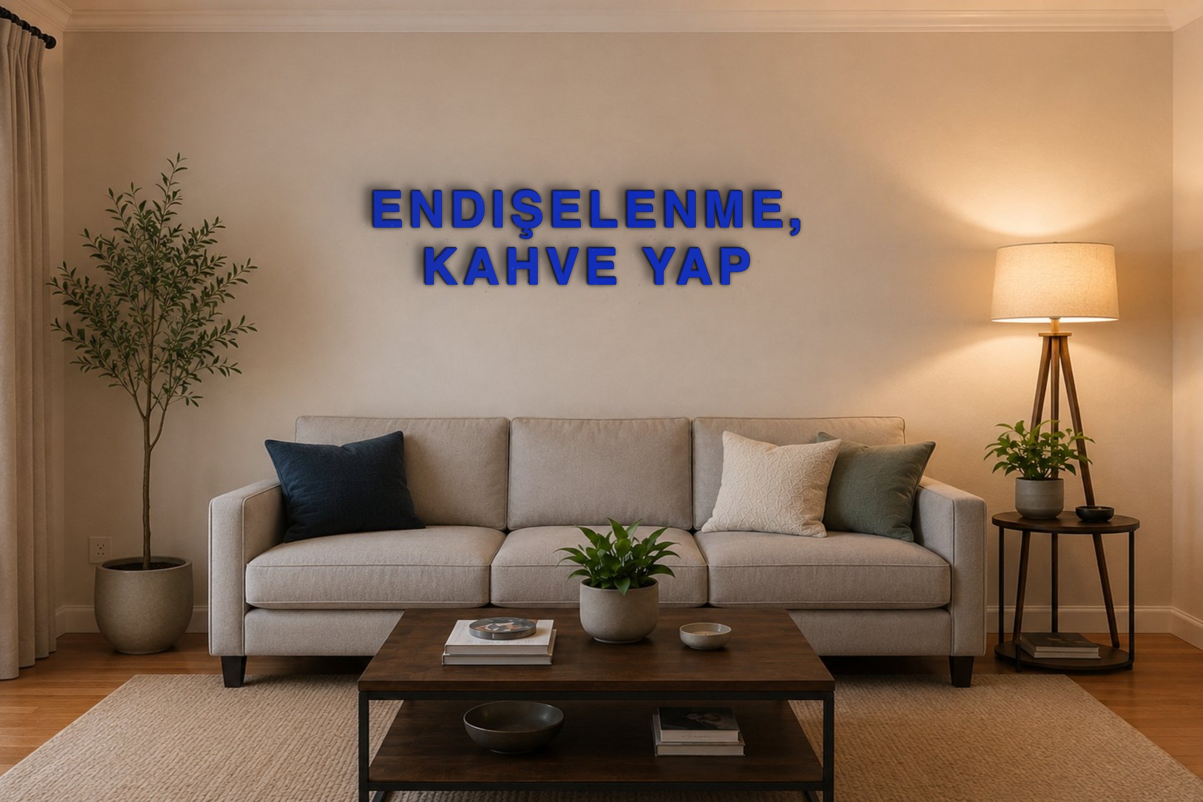 ENDIŞELENME, KAHVE YAP Özel 3D Tasarım Duvar Yazısı (navy blue) - 10 cm Yükseklik