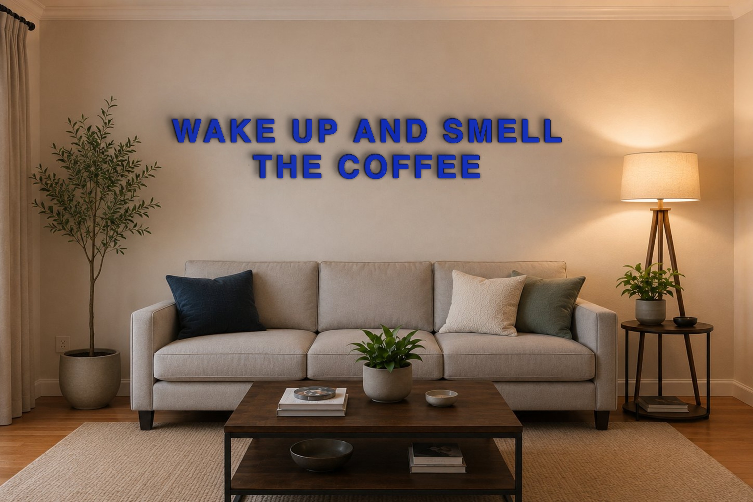 WAKE UP AND SMELL THE COFFEE Özel 3D Tasarım Duvar Yazısı (navy blue) - 10 cm Yükseklik