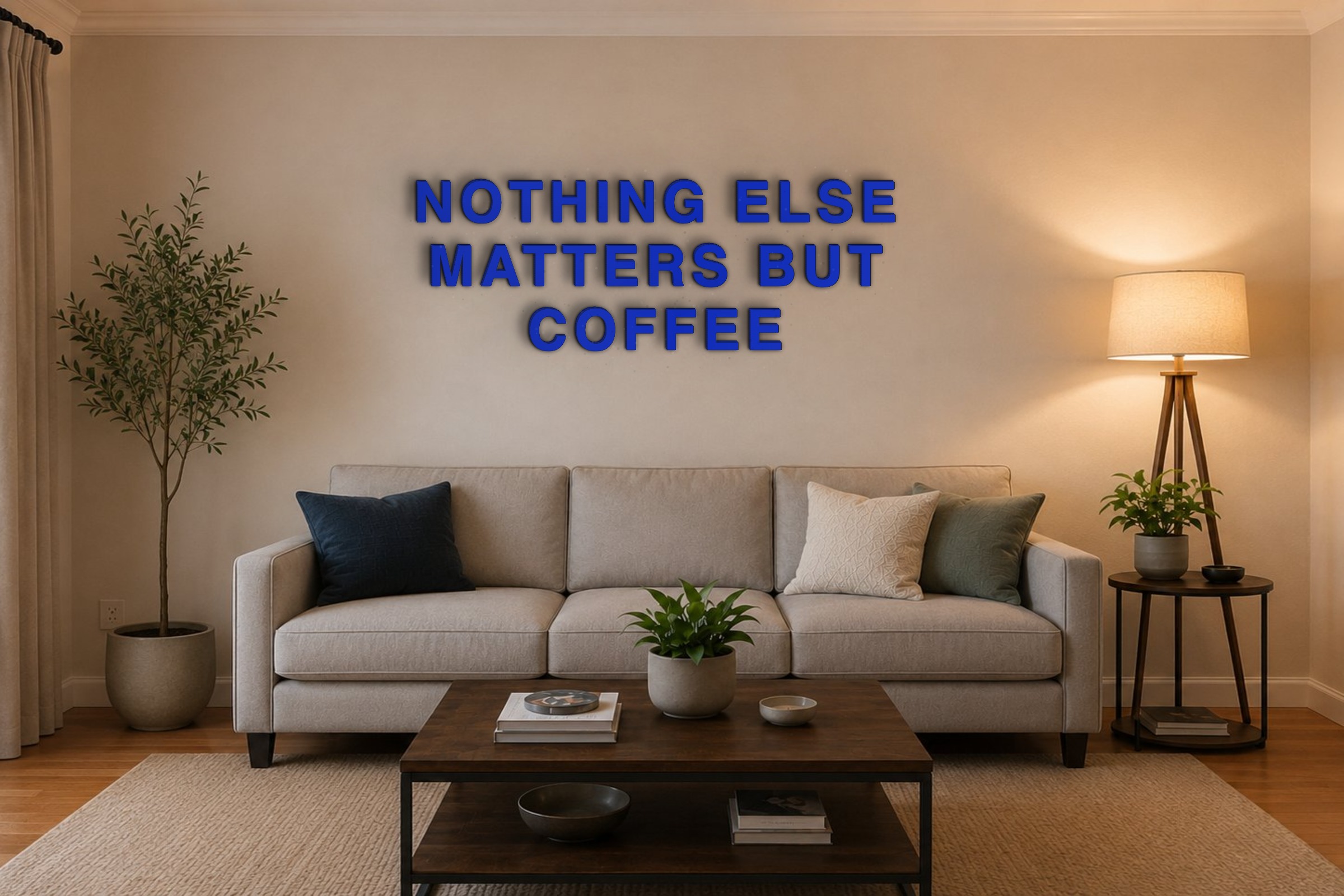 NOTHING ELSE MATTERS BUT COFFEE Özel 3D Tasarım Duvar Yazısı (navy blue) - 10 cm Yükseklik