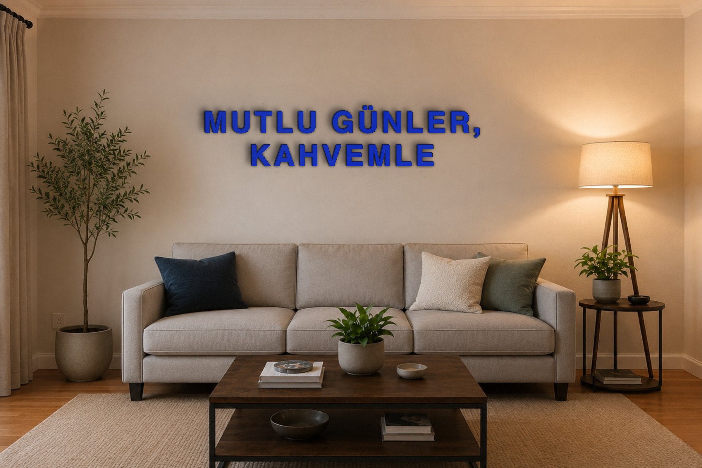 MUTLU GÜNLER, KAHVEMLE Özel 3D Tasarım Duvar Yazısı (navy blue) - 10 cm Yükseklik