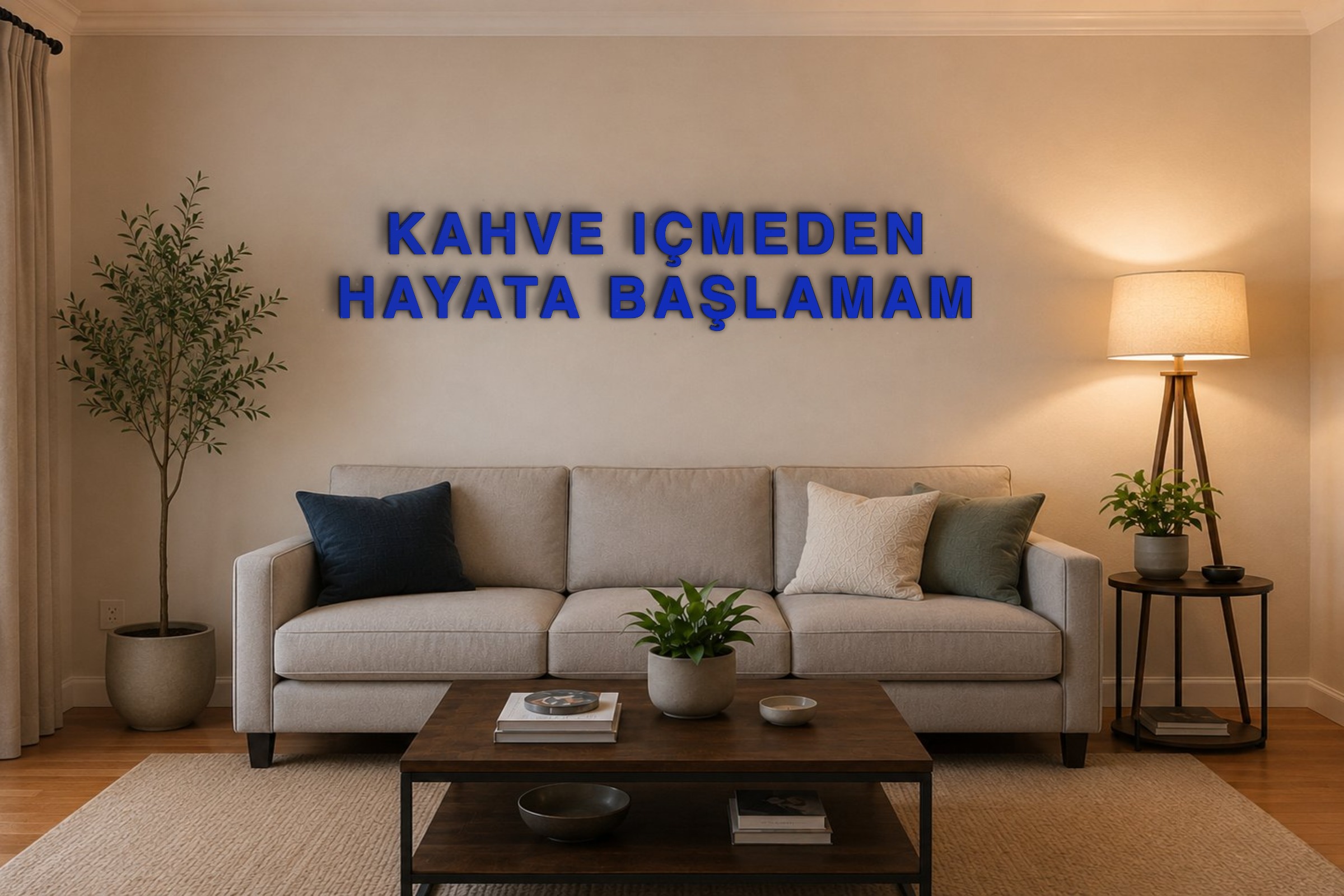 KAHVE IÇMEDEN HAYATA BAŞLAMAM Özel 3D Tasarım Duvar Yazısı (navy blue) - 10 cm Yükseklik