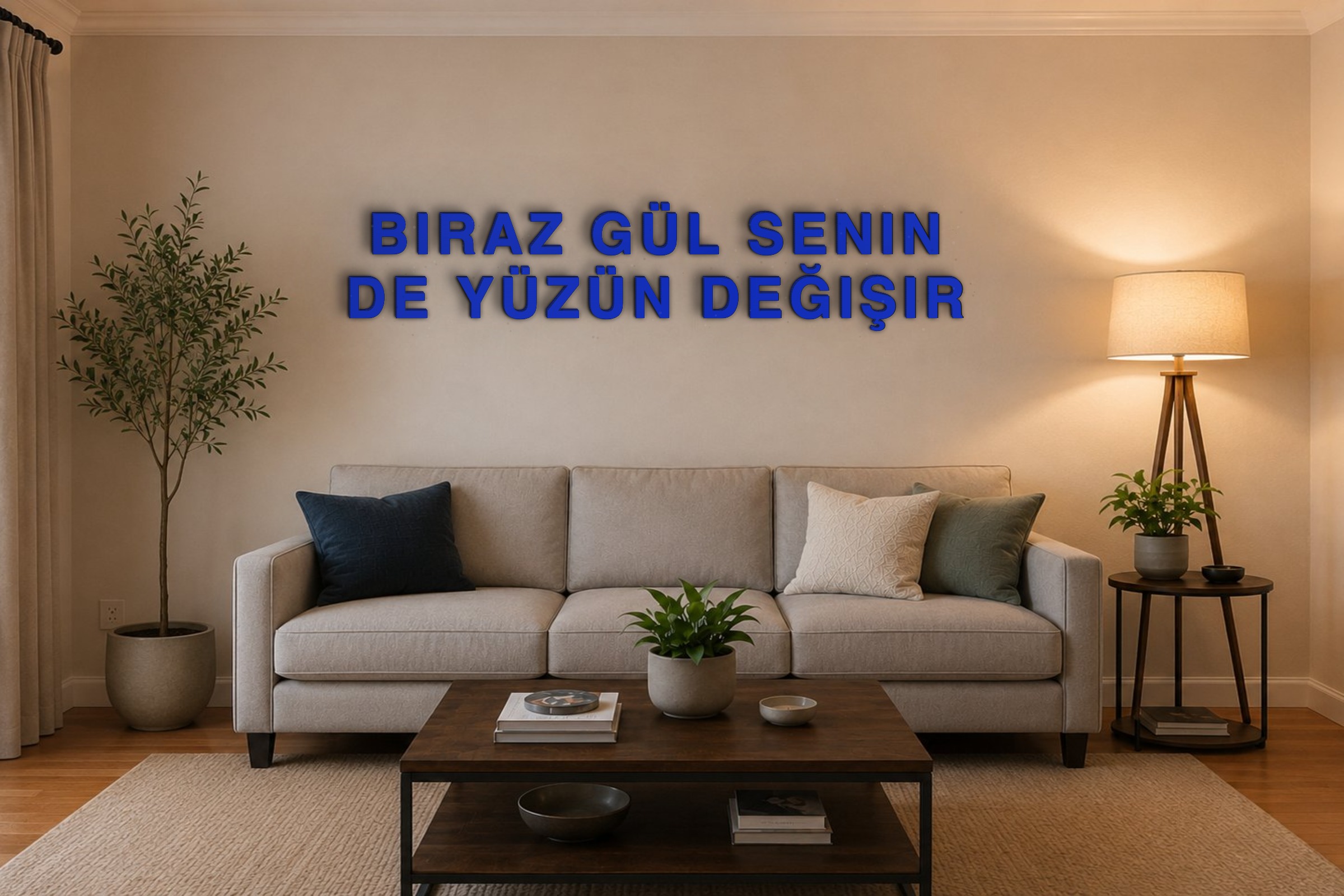 BIRAZ GÜL SENIN DE YÜZÜN DEĞIŞIR Özel 3D Tasarım Duvar Yazısı (navy blue) - 10 cm Yükseklik