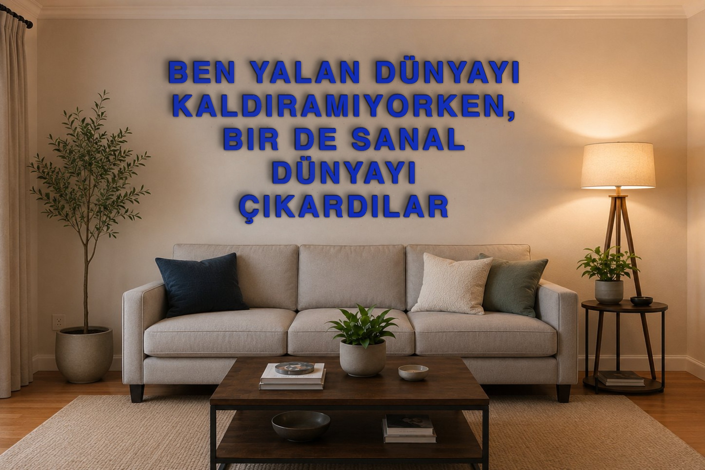BEN YALAN DÜNYAYI KALDIRAMIYORKEN, BIR DE SANAL DÜNYAYI ÇIKARDILAR Özel 3D Tasarım Duvar Yazısı (navy blue) - 10 cm Yükseklik