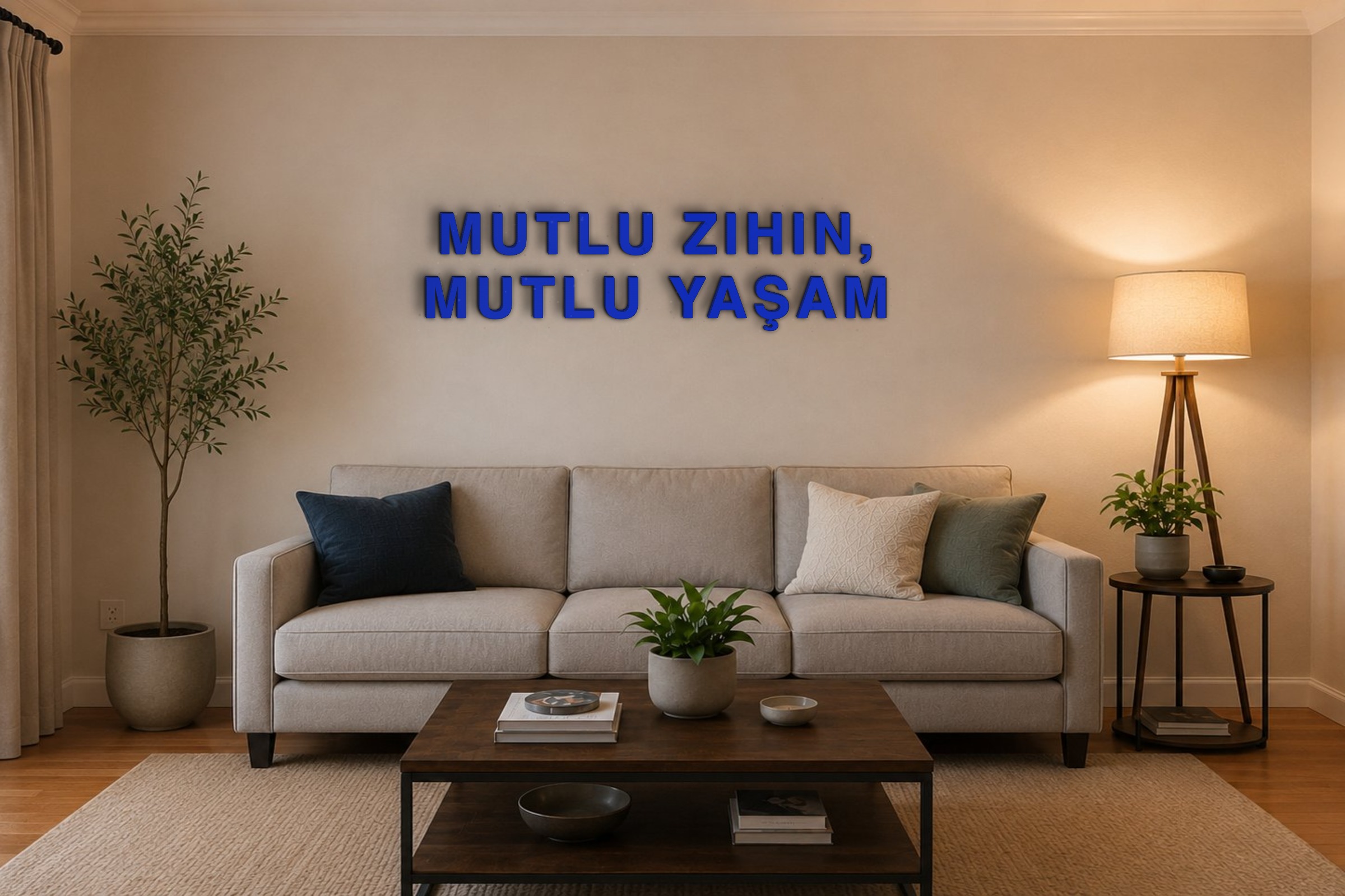 MUTLU ZIHIN, MUTLU YAŞAM Özel 3D Tasarım Duvar Yazısı (navy blue) - 10 cm Yükseklik