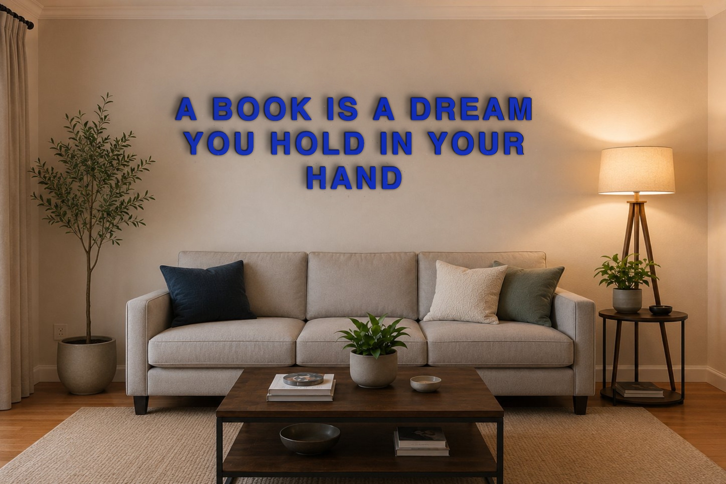 A BOOK IS A DREAM YOU HOLD IN YOUR HAND Özel 3D Tasarım Duvar Yazısı (navy blue) - 10 cm Yükseklik